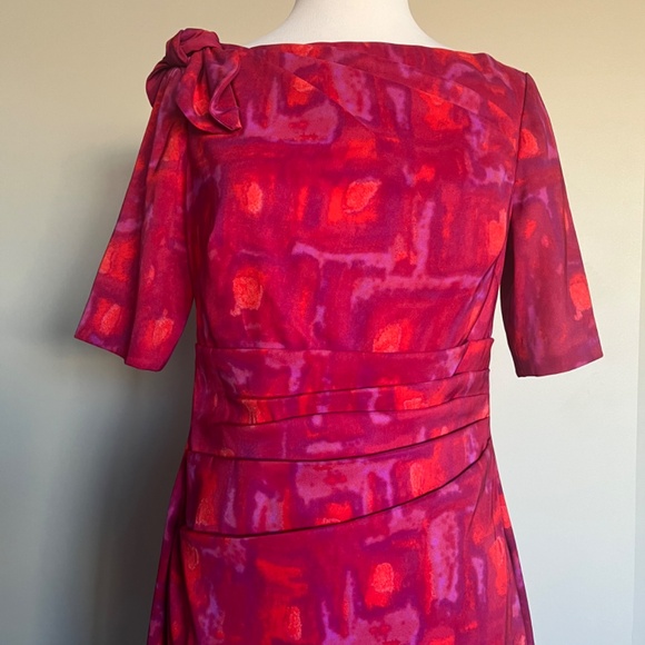 Kay Unger Pink Ruched Bow Neck Cocktail Pencil Abstract Print Sheath Dress - Picture 9 of 12